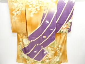 アンティーク　錦紗御簾に牡丹・楓模様刺繍一ツ紋着物